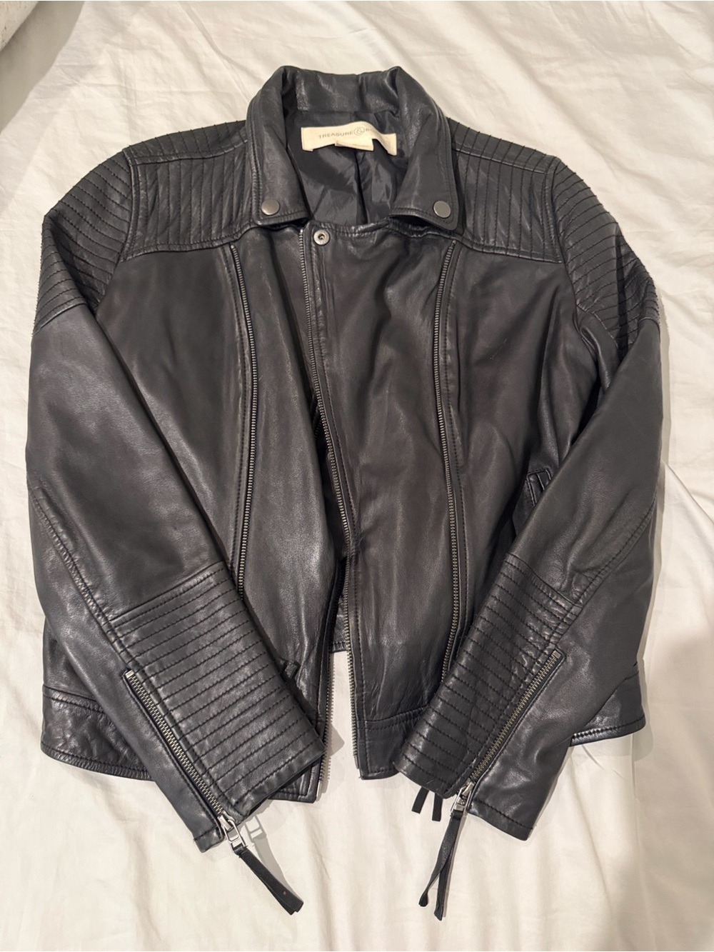 Treasure & Bond Black Quilted-Panel Leather Bomber Jacket